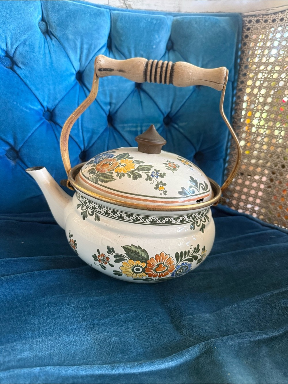 Vintage ASTA Floral Enamel Tea Kettle with Wood AND brass Handle